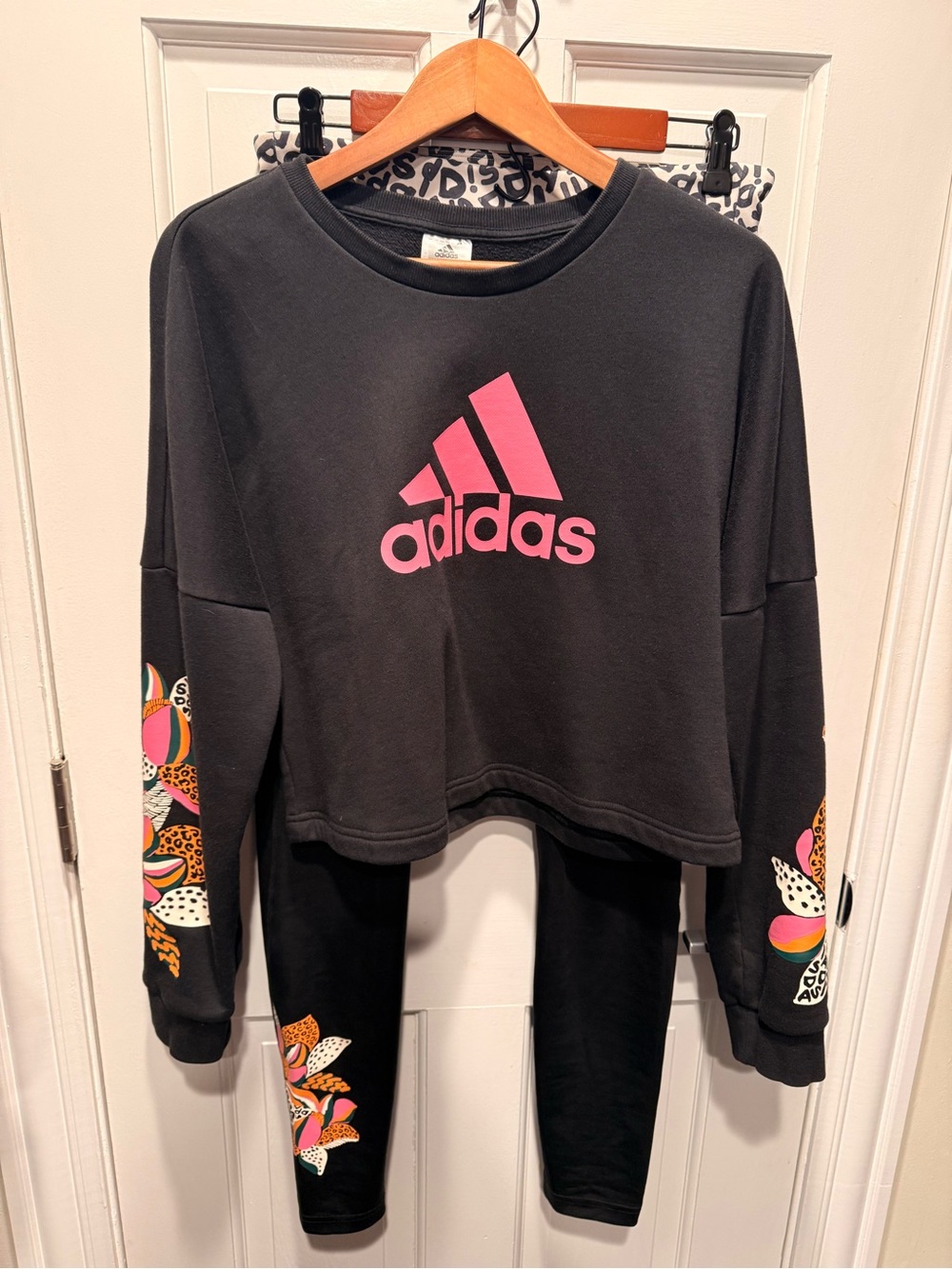 Adidas Black Sweatshirt with Pink Logo Floral Accent & Leggins